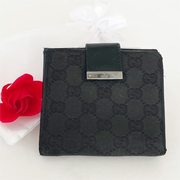 GUCCI Black GG Canvas Bifold French Flap Wallet Canvas Leather Silver Tone - Picture 12 of 12